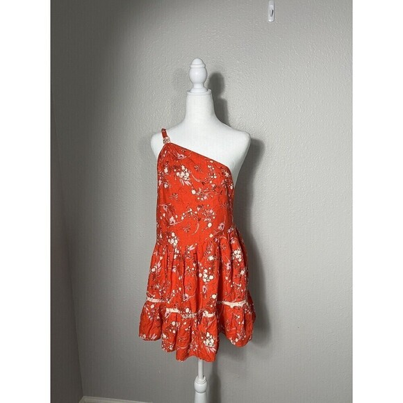 Free People All Mine Mini Dress Red One Shoulder Size XS Medium Linen A2 - Picture 1 of 6
